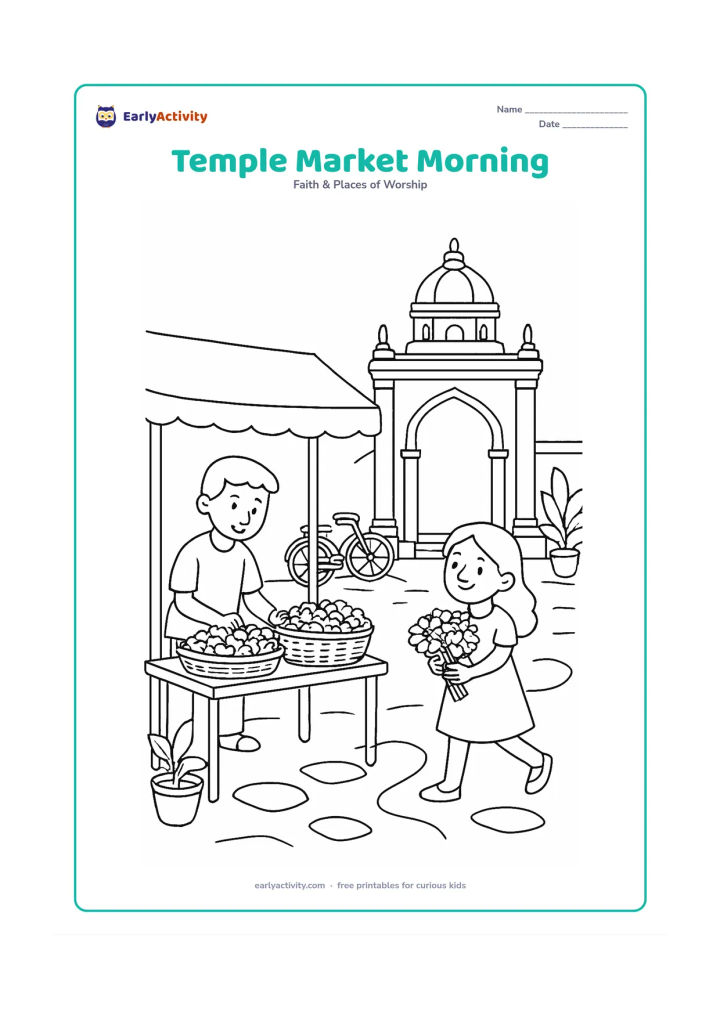 Colouring page: A temple entrance beside a quiet Indian morning flower stall, with a vendor arranging baskets, a visitor carrying flowers and a tall gateway behind them. Add a bicycle, potted plants and…