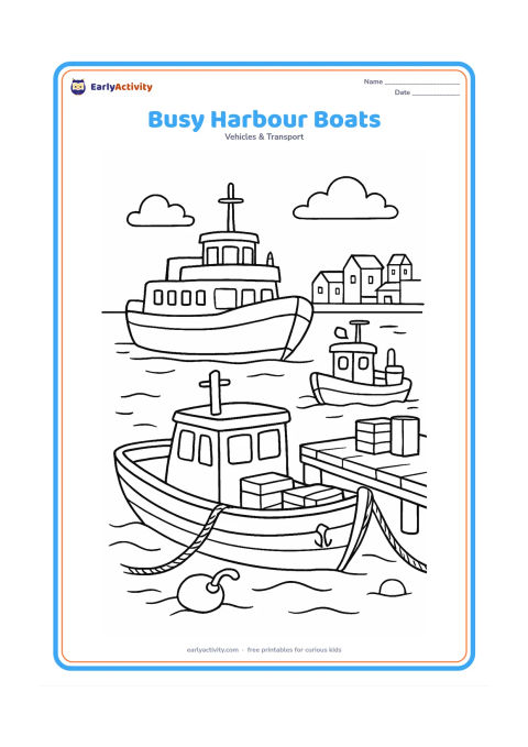 Colouring page: Draw a harbour scene with a fishing boat in the foreground, a ferry behind it, and a small tugboat near a pier. Add dock ropes, stacked crates without markings, buoys, calm water, and…