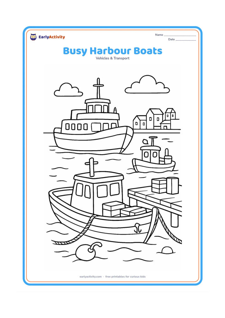 Colouring page: Draw a harbour scene with a fishing boat in the foreground, a ferry behind it, and a small tugboat near a pier. Add dock ropes, stacked crates without markings, buoys, calm water, and…