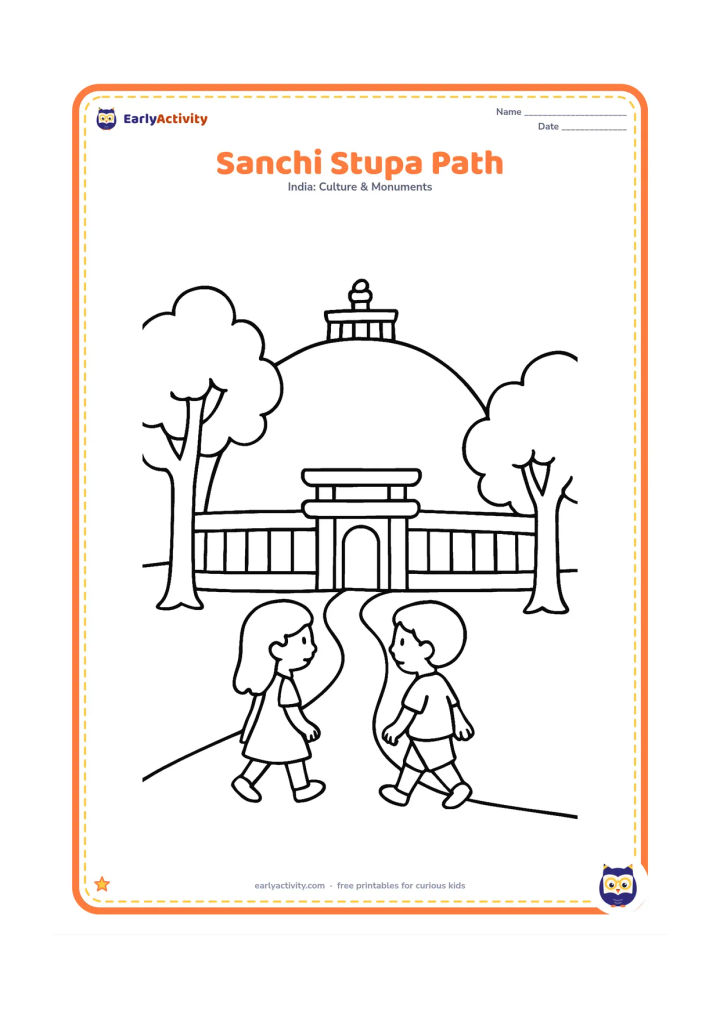 Colouring page: Show the rounded Sanchi Stupa behind a simple stone railing and gateway, with a curved path leading toward it. Add two children walking quietly with a leafy tree on each side.