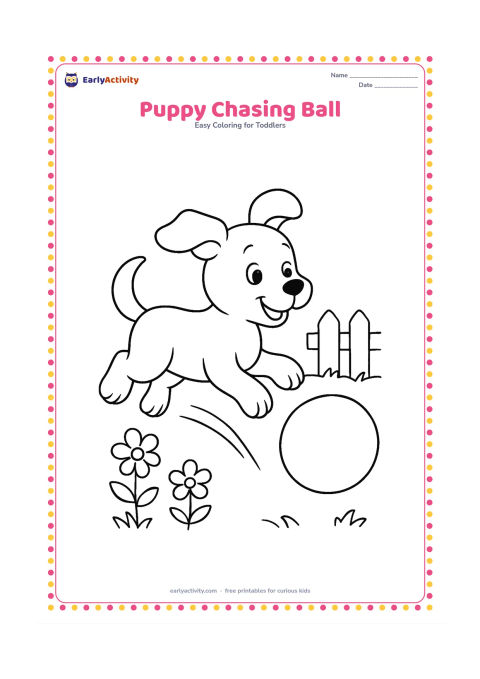Colouring page: Draw a puppy running after a large ball in a garden, with its ears lifted, a curved motion path, two flowers and a short fence.