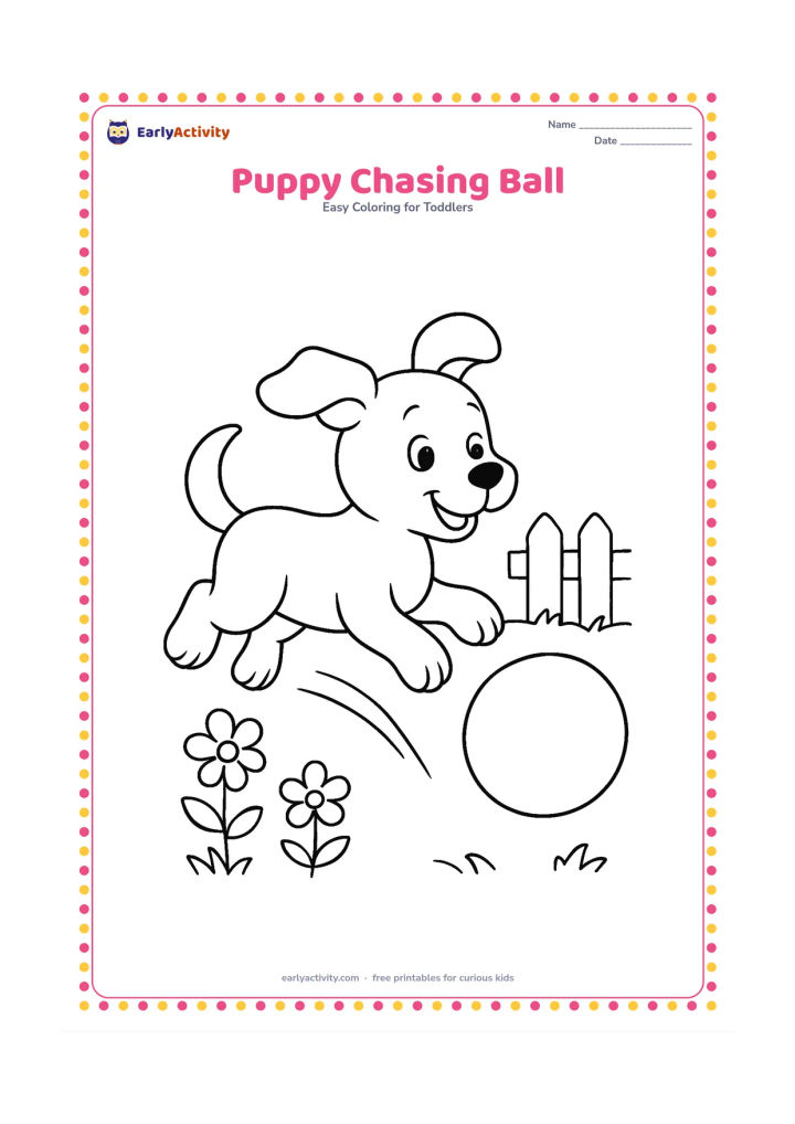 Colouring page: Draw a puppy running after a large ball in a garden, with its ears lifted, a curved motion path, two flowers and a short fence.