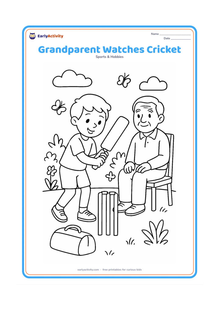 Colouring page: A child gently bats on a small garden pitch while a grandparent watches from a chair beside the boundary. Include a bat bag, wickets, plants and a few butterflies.
