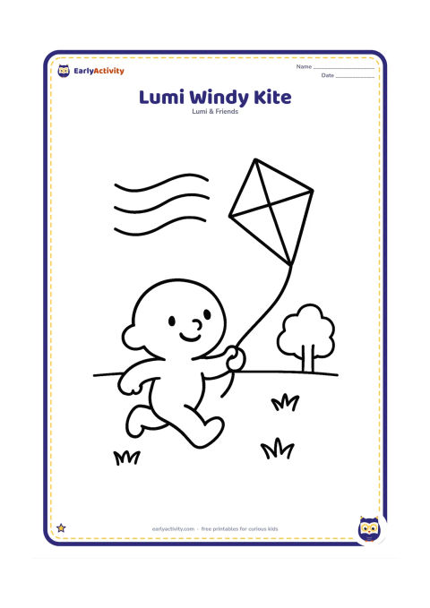 Colouring page: Lumi runs across an open field holding a kite string, with one large diamond-shaped kite floating above and three sweeping wind lines. Add two simple tufts of grass and a distant rounded…