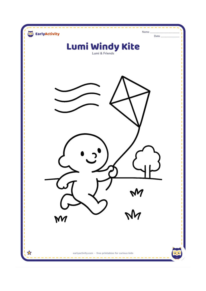 Colouring page: Lumi runs across an open field holding a kite string, with one large diamond-shaped kite floating above and three sweeping wind lines. Add two simple tufts of grass and a distant rounded…