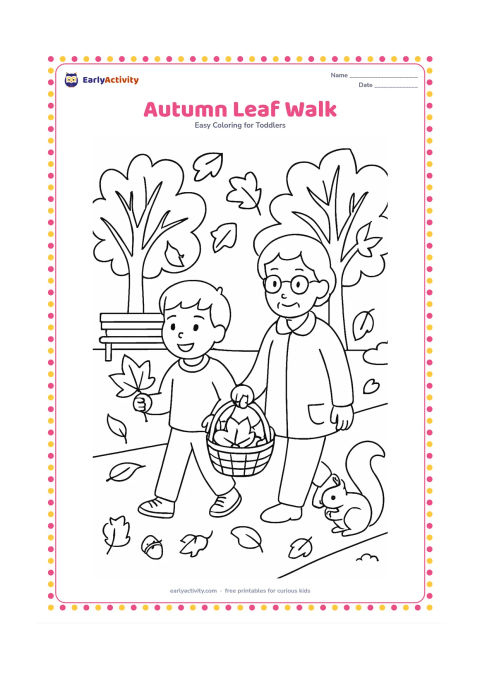 Colouring page: A child and a grandparent walk along a park path while collecting large fallen leaves in a basket. Show trees with changing leaves, a bench, acorns and a small squirrel on the ground.