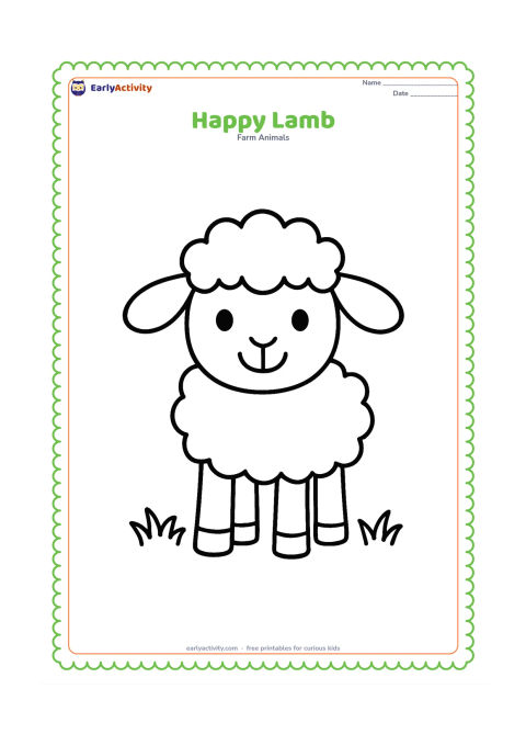 Colouring page: A single lamb faces forward with a cheerful expression, rounded wool, four clear legs and two small tufts of grass below. Keep the page mostly open.