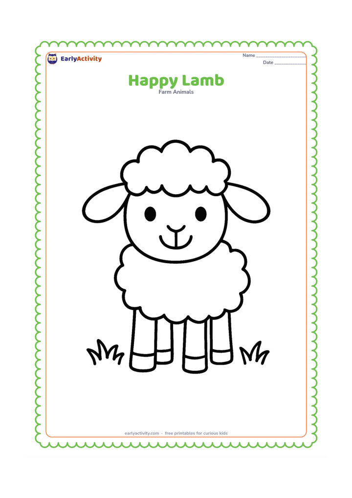 Colouring page: A single lamb faces forward with a cheerful expression, rounded wool, four clear legs and two small tufts of grass below. Keep the page mostly open.