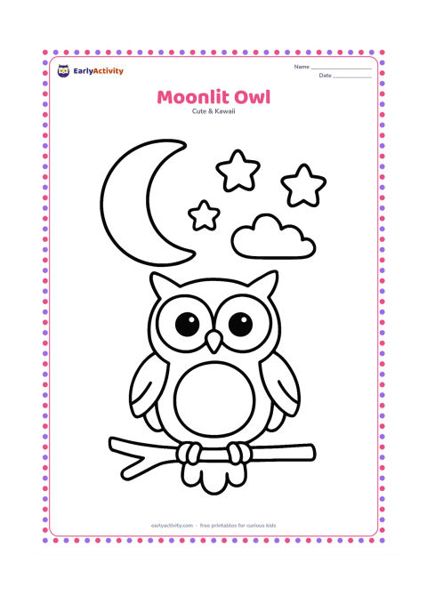 Colouring page: A friendly owl perches on a short branch beneath a large crescent moon and three rounded stars. Add one simple cloud and leave the owl's belly as a large open area.