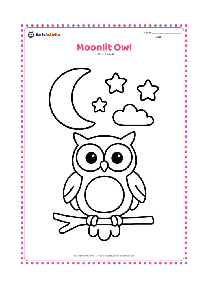 Colouring page: A friendly owl perches on a short branch beneath a large crescent moon and three rounded stars. Add one simple cloud and leave the owl's belly as a large open area.