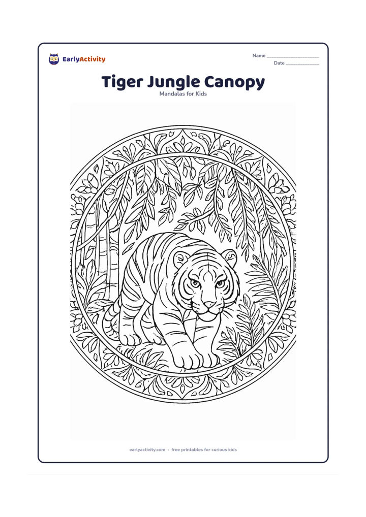 Colouring page: A tiger crouches beneath a leafy jungle canopy in the centre of a highly detailed circular mandala. Build the design with layered vines, bamboo, fern fronds, paw-like rosettes, hanging…