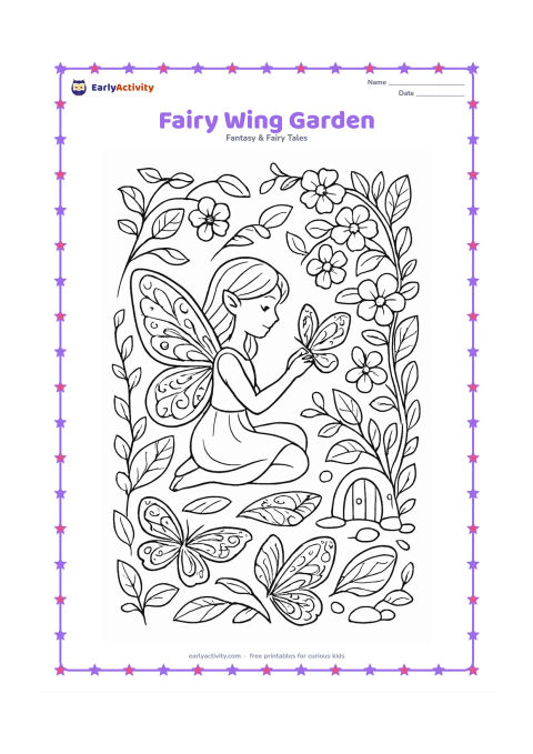 Colouring page: A fairy sits in a garden while arranging patterned wings on a flowering vine, with several spare wings displayed on nearby leaves. Surround the scene with curling stems, blossoms, stones…