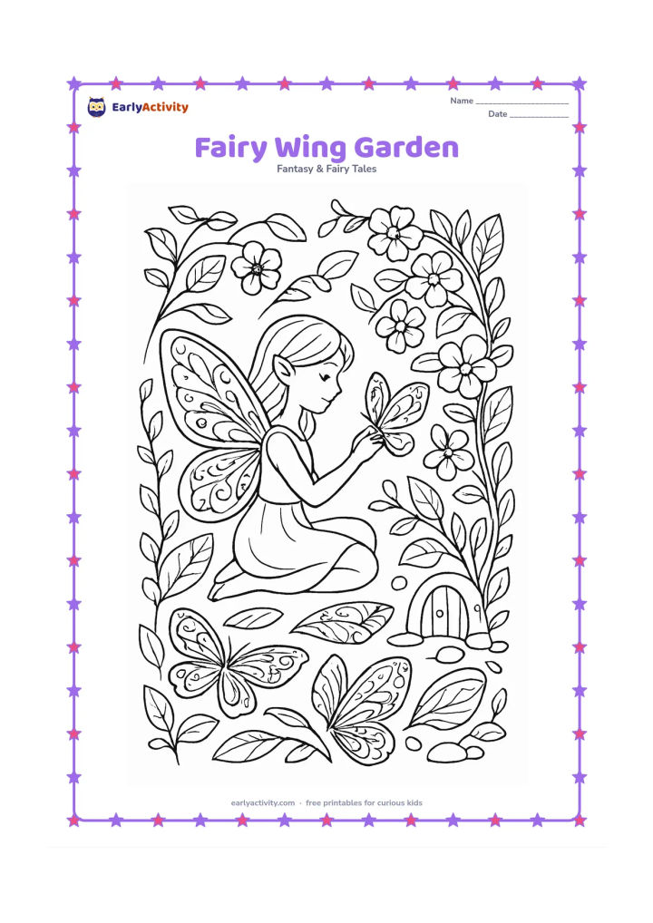Colouring page: A fairy sits in a garden while arranging patterned wings on a flowering vine, with several spare wings displayed on nearby leaves. Surround the scene with curling stems, blossoms, stones…
