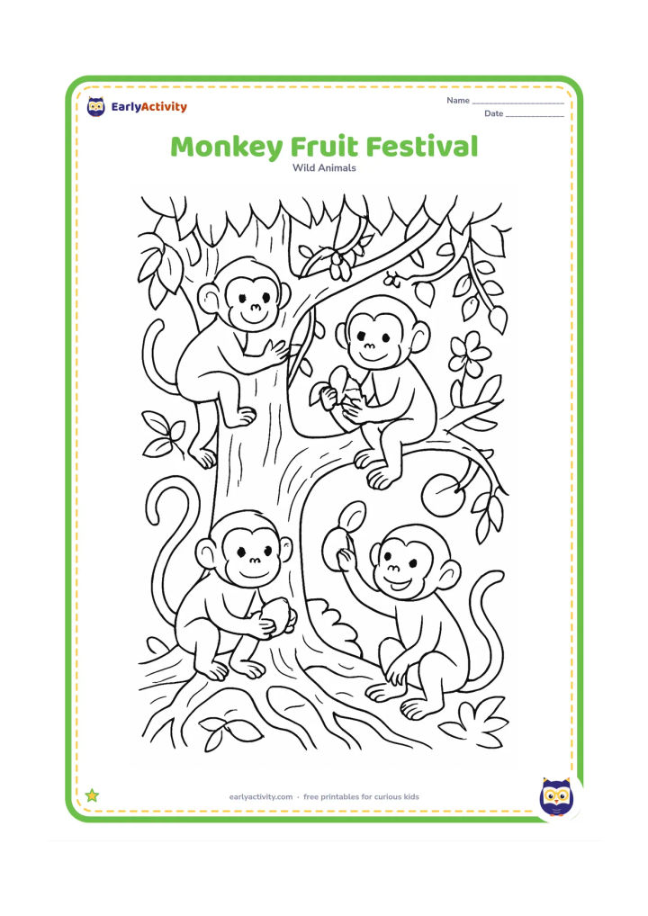 Colouring page: Several monkeys share fruit on and around a broad jungle tree, with one climbing, one peeling fruit, and one sitting on a root. Include vines, blossoms, textured bark, and a leafy canopy.