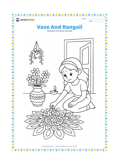 Colouring page: Draw a decorated vase of flowers beside a large floor rangoli made from geometric petal shapes, with a child placing one flower near it. Include a doorway, clay lamp, and hanging plant…