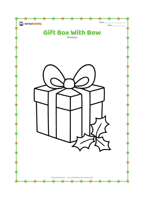 Colouring page: Draw one large square gift box with a wide ribbon crossing the front and a big bow on top, beside two simple holly leaves.