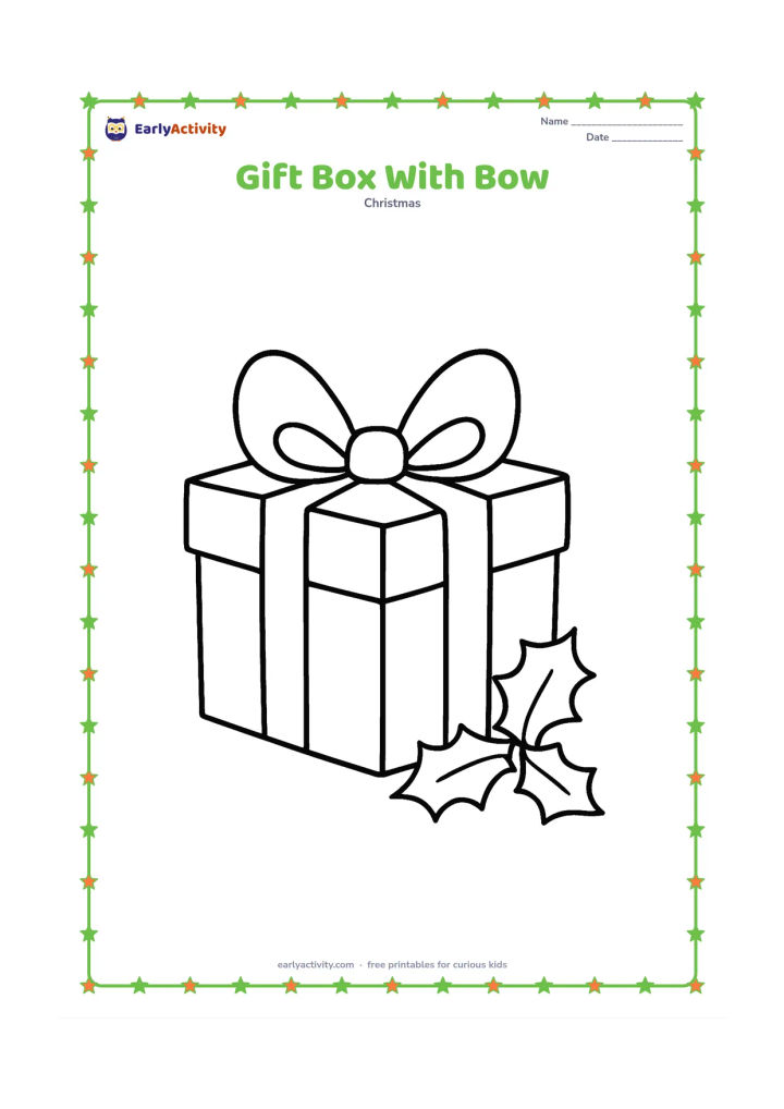 Colouring page: Draw one large square gift box with a wide ribbon crossing the front and a big bow on top, beside two simple holly leaves.