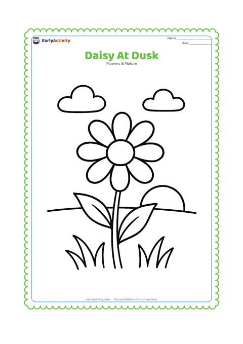 Colouring page: Draw a daisy with its petals gently tilted inward as daylight fades, with a low sun, two clouds and a simple horizon behind it. Add a few broad grass shapes below.