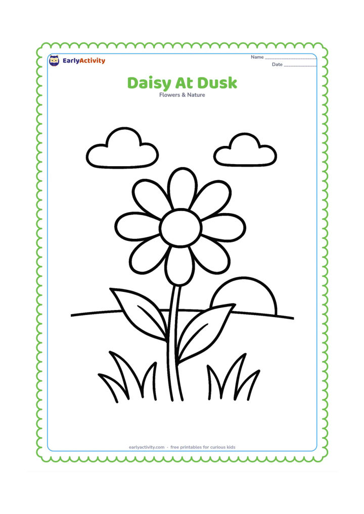 Colouring page: Draw a daisy with its petals gently tilted inward as daylight fades, with a low sun, two clouds and a simple horizon behind it. Add a few broad grass shapes below.