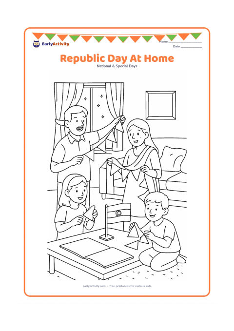 Colouring page: A family prepares a Republic Day display in their living room, with children arranging coloured paper flags, an Indian flag on a table, a blank open notebook and a framed blank border…