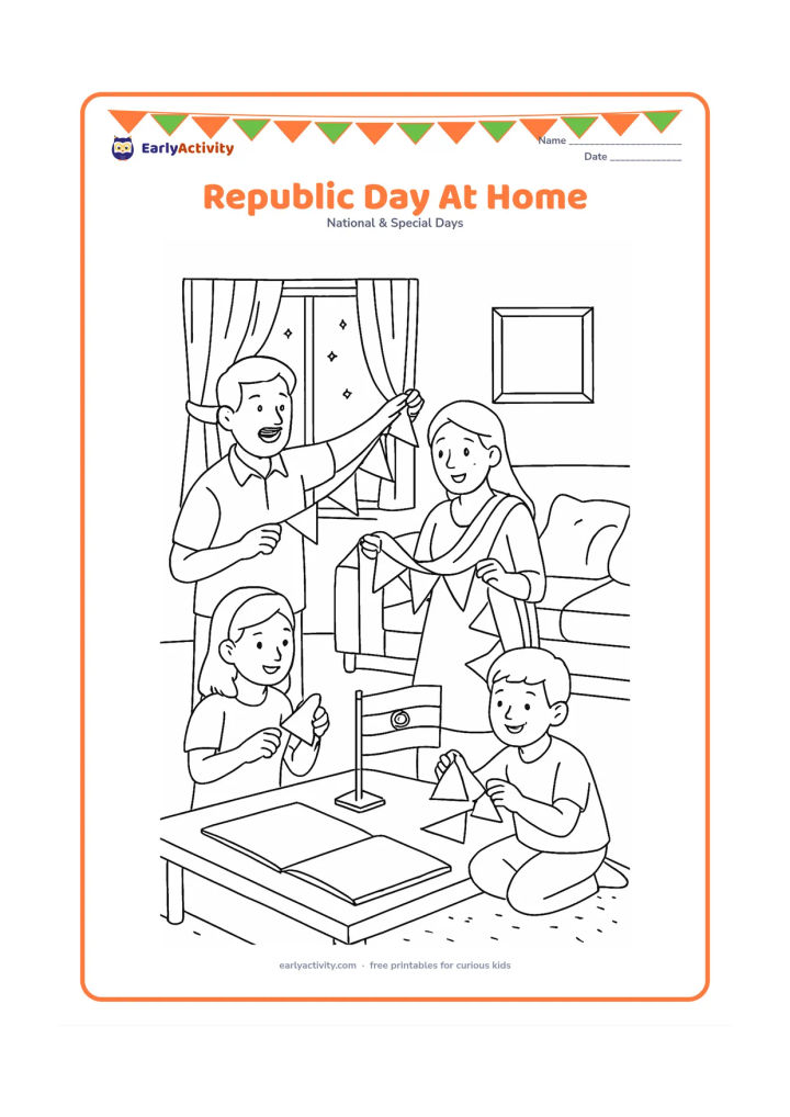 Colouring page: A family prepares a Republic Day display in their living room, with children arranging coloured paper flags, an Indian flag on a table, a blank open notebook and a framed blank border…
