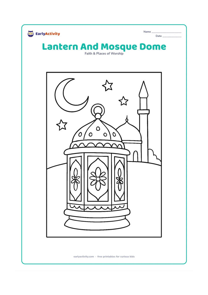 Colouring page: A patterned lantern stands in the foreground with a simple mosque dome and minaret in the distance, framed by a crescent moon and stars. Keep the architecture peaceful and broadly outlined.