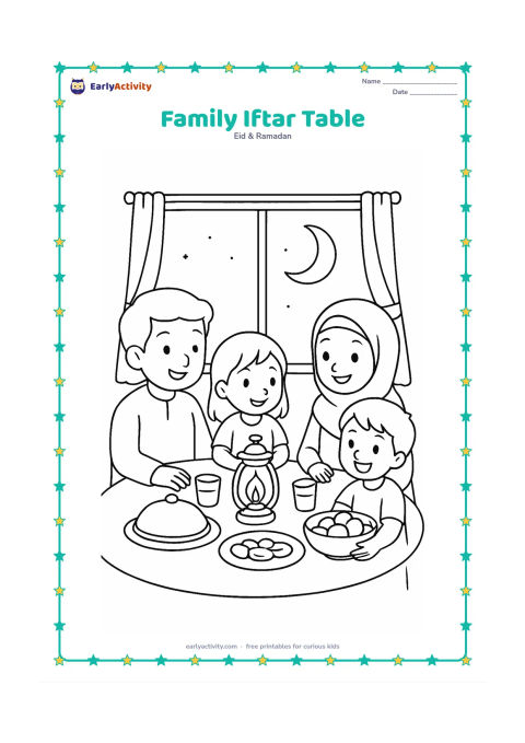 Colouring page: Draw a family of four seated around a low table just after sunset, with dates, water cups, a covered serving dish, and a bowl of fruit. Show a glowing lantern and a crescent moon through…