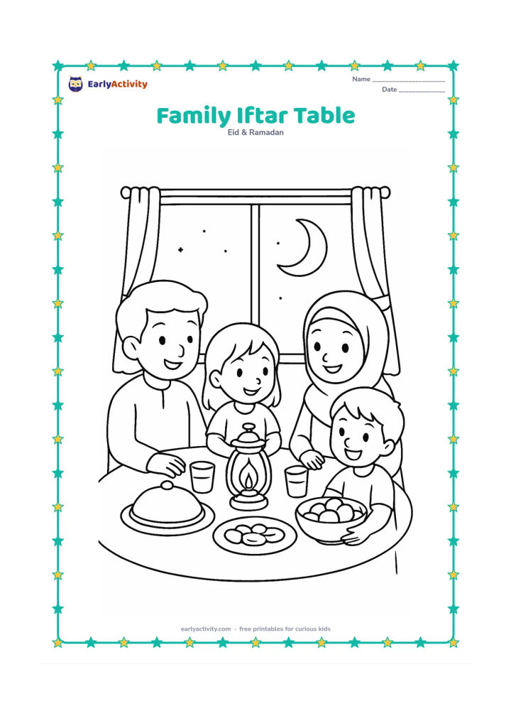 Colouring page: Draw a family of four seated around a low table just after sunset, with dates, water cups, a covered serving dish, and a bowl of fruit. Show a glowing lantern and a crescent moon through…