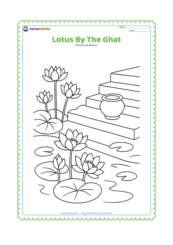 Colouring page: Draw several lotus flowers growing beside broad stone steps leading down to a quiet pond. Include a small clay water pot on one step and a few floating leaves.