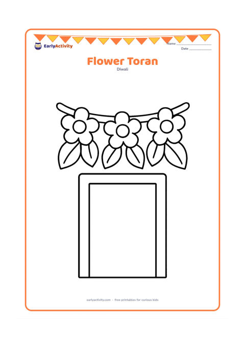 Colouring page: A simple flower toran stretches across a doorway, with large leaves and round flowers hanging from a thick top cord. Show an open doorway beneath it.