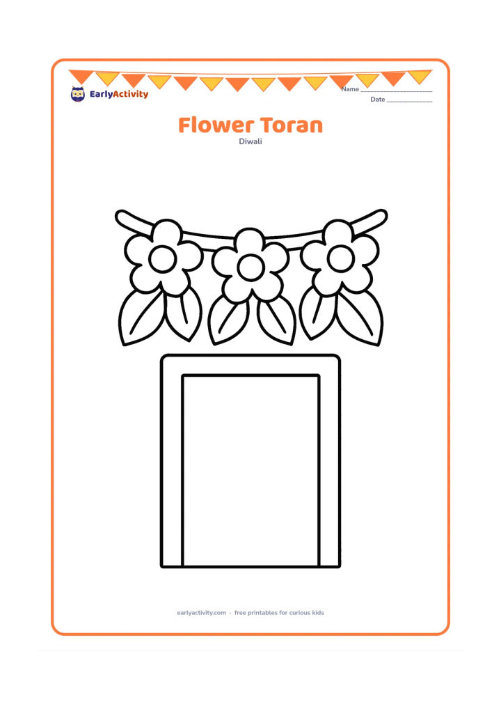 Colouring page: A simple flower toran stretches across a doorway, with large leaves and round flowers hanging from a thick top cord. Show an open doorway beneath it.