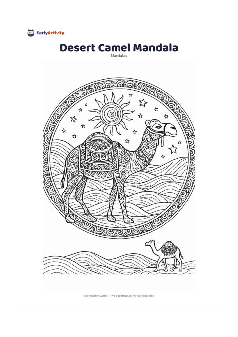 Colouring page: Draw a circular mandala centred on a decorated camel in side profile, surrounded by desert dunes, patterned blankets, stars and curling sun rays. Add a second smaller camel walking in…