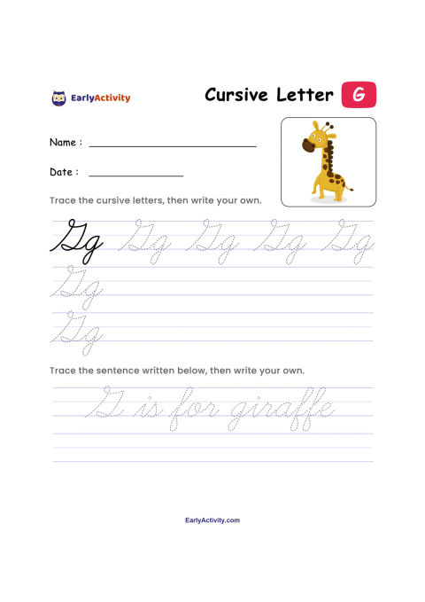 Worksheet with cursive uppercase and lowercase G tracing lines, handwriting lines, and a giraffe picture.