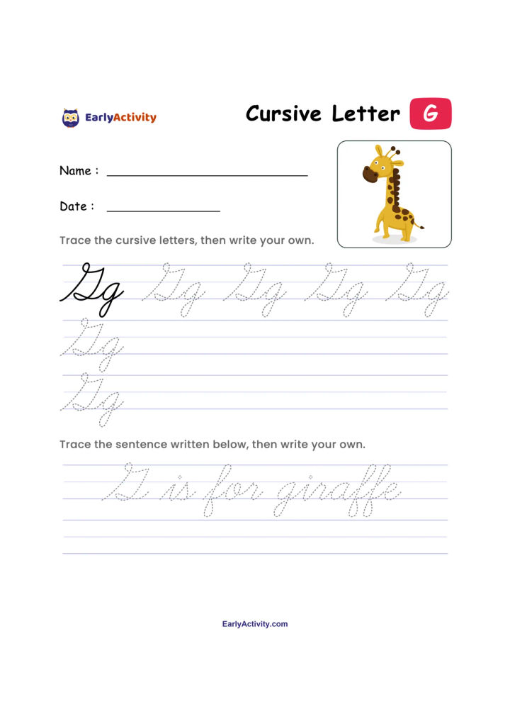 Worksheet with cursive uppercase and lowercase G tracing lines, handwriting lines, and a giraffe picture.