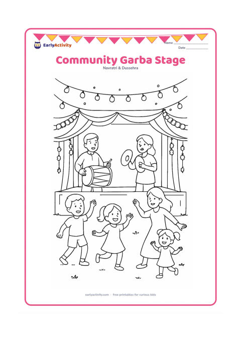 Colouring page: Draw children and adults dancing in front of a small decorated community stage with musicians playing a dhol and hand cymbals. Add strings of lights, fabric drapes, flower garlands, and…