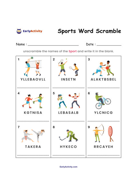 Worksheet with nine illustrated sports, including volleyball, tennis, basketball, skating, baseball, cycling, karate, hockey and archery, with scrambled names to solve.