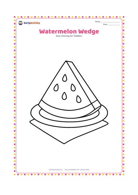 Colouring page: Draw one large triangular watermelon wedge on a plate, with a thick rind and several large seeds. Add a simple napkin shape underneath.