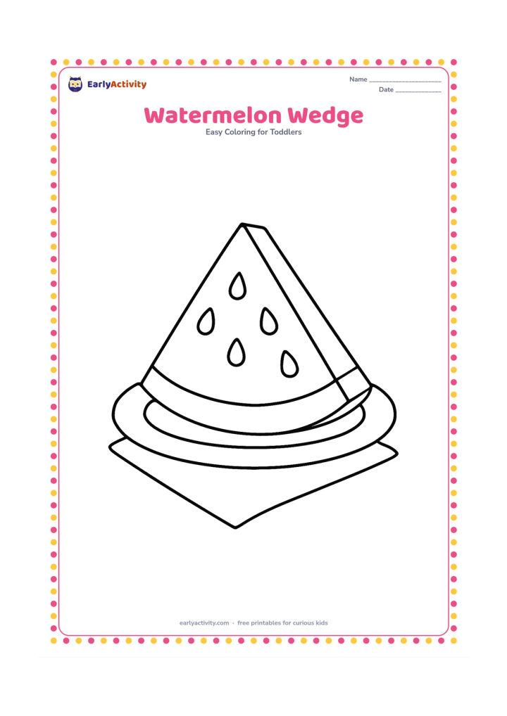 Colouring page: Draw one large triangular watermelon wedge on a plate, with a thick rind and several large seeds. Add a simple napkin shape underneath.