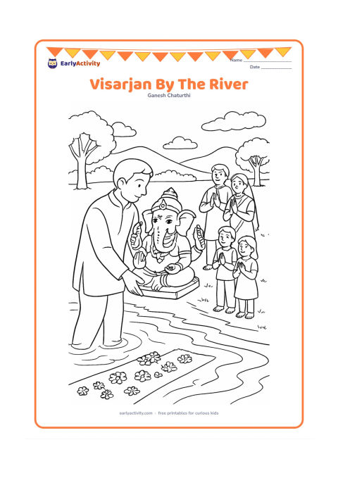 Colouring page: Adults carefully carry a clay Ganesha idol toward a calm river for visarjan, with families watching respectfully from the bank. Show flower offerings, a decorated path, trees, distant…