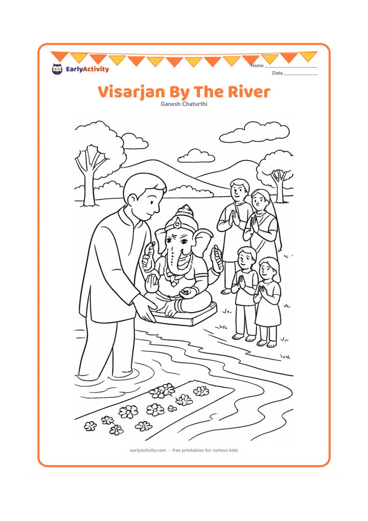 Colouring page: Adults carefully carry a clay Ganesha idol toward a calm river for visarjan, with families watching respectfully from the bank. Show flower offerings, a decorated path, trees, distant…