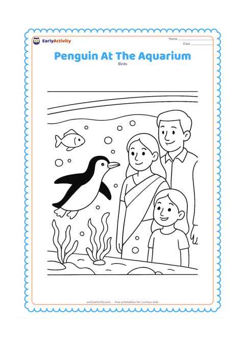 Colouring page: Draw a penguin swimming inside a large viewing tank, with an Indian family of three watching from outside the glass; keep the people secondary and friendly. Show broad tank windows,…