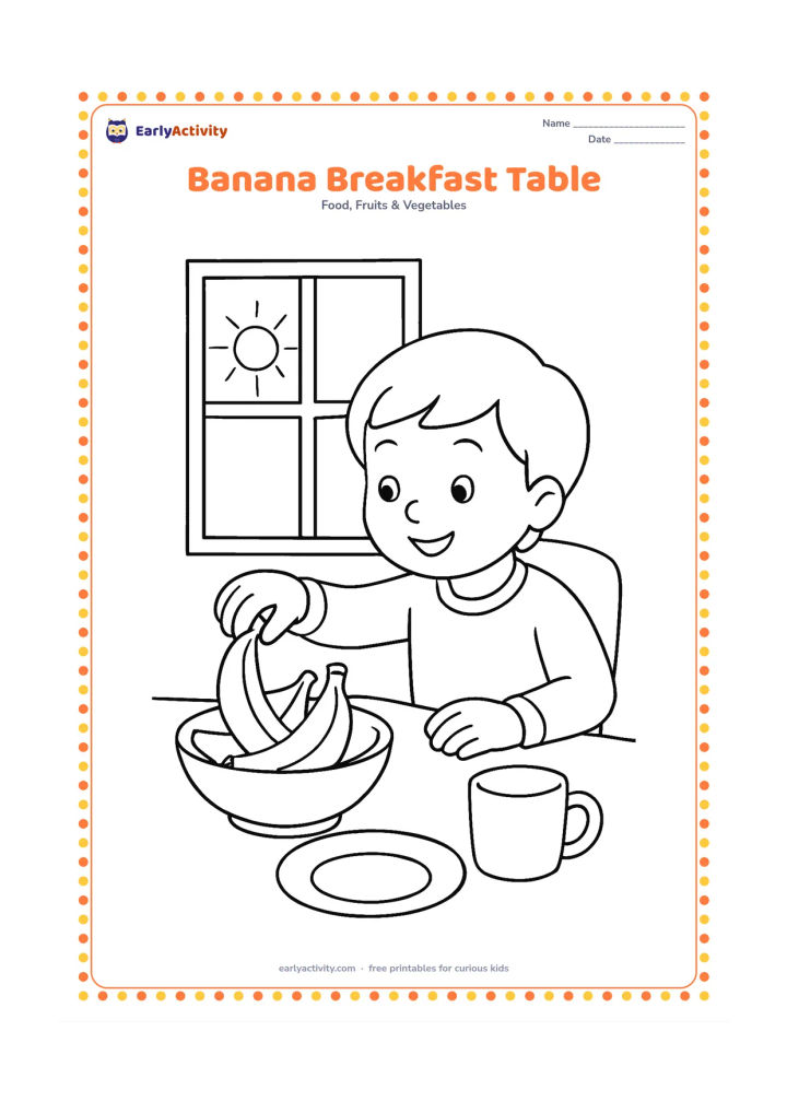 Colouring page: Draw a family breakfast table with a bowl of bananas, a plate, a cup and one child reaching for a banana. Add a simple window with morning sunshine behind the table.
