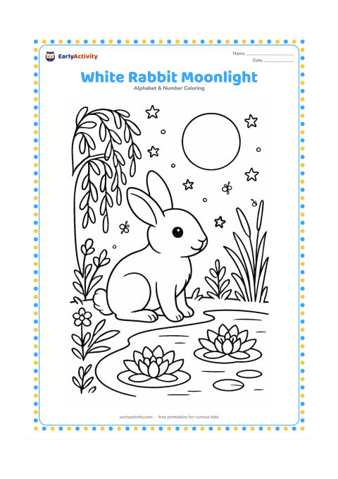 Colouring page: Draw a white rabbit sitting beside a moonlit garden pond at night, with water lilies, reeds, fireflies, a willow tree, and reflected stars in the water. Keep the rabbit calm and friendly…