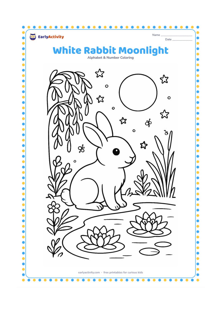 Colouring page: Draw a white rabbit sitting beside a moonlit garden pond at night, with water lilies, reeds, fireflies, a willow tree, and reflected stars in the water. Keep the rabbit calm and friendly…