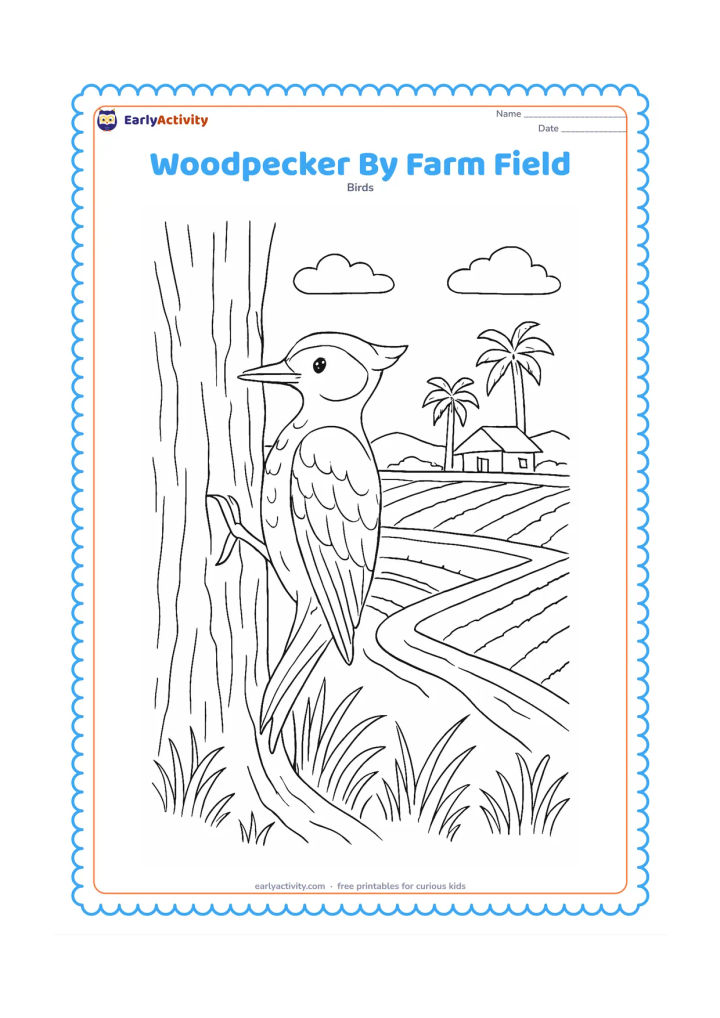 Colouring page: A woodpecker rests on a tree beside an Indian farm field, with crop rows, a simple irrigation channel, distant palms and a small rural hut. Add detailed bark and varied grasses.