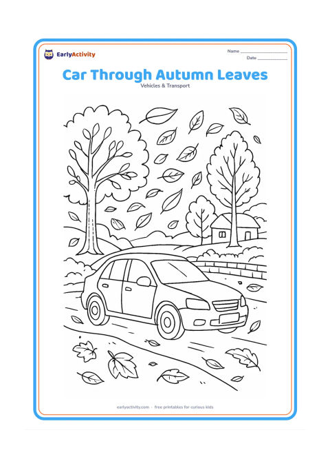 Colouring page: Draw a car travelling along a tree-lined road in autumn, viewed from the side, with swirling leaves, varied trees, a low stone wall and a distant cottage. Leave the cottage sign and car…