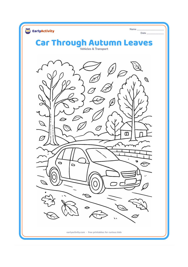 Colouring page: Draw a car travelling along a tree-lined road in autumn, viewed from the side, with swirling leaves, varied trees, a low stone wall and a distant cottage. Leave the cottage sign and car…