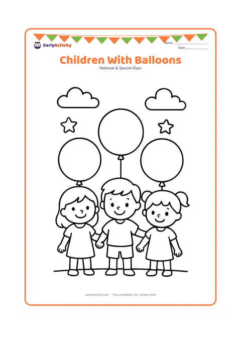 Colouring page: Three smiling children stand together holding large round balloons, with a few simple stars and clouds behind them. Keep the figures large and centered with plenty of open space.