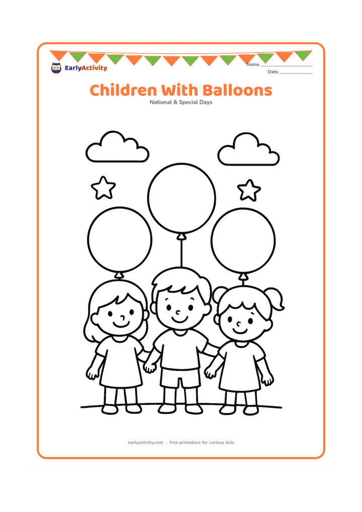 Colouring page: Three smiling children stand together holding large round balloons, with a few simple stars and clouds behind them. Keep the figures large and centered with plenty of open space.