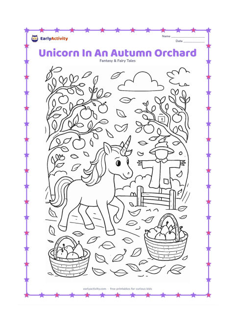 Colouring page: Draw one unicorn walking through an orchard in autumn, with curling fallen leaves, baskets of fruit, twisting branches, a scarecrow without a face, and a small wooden gate. Include a few…